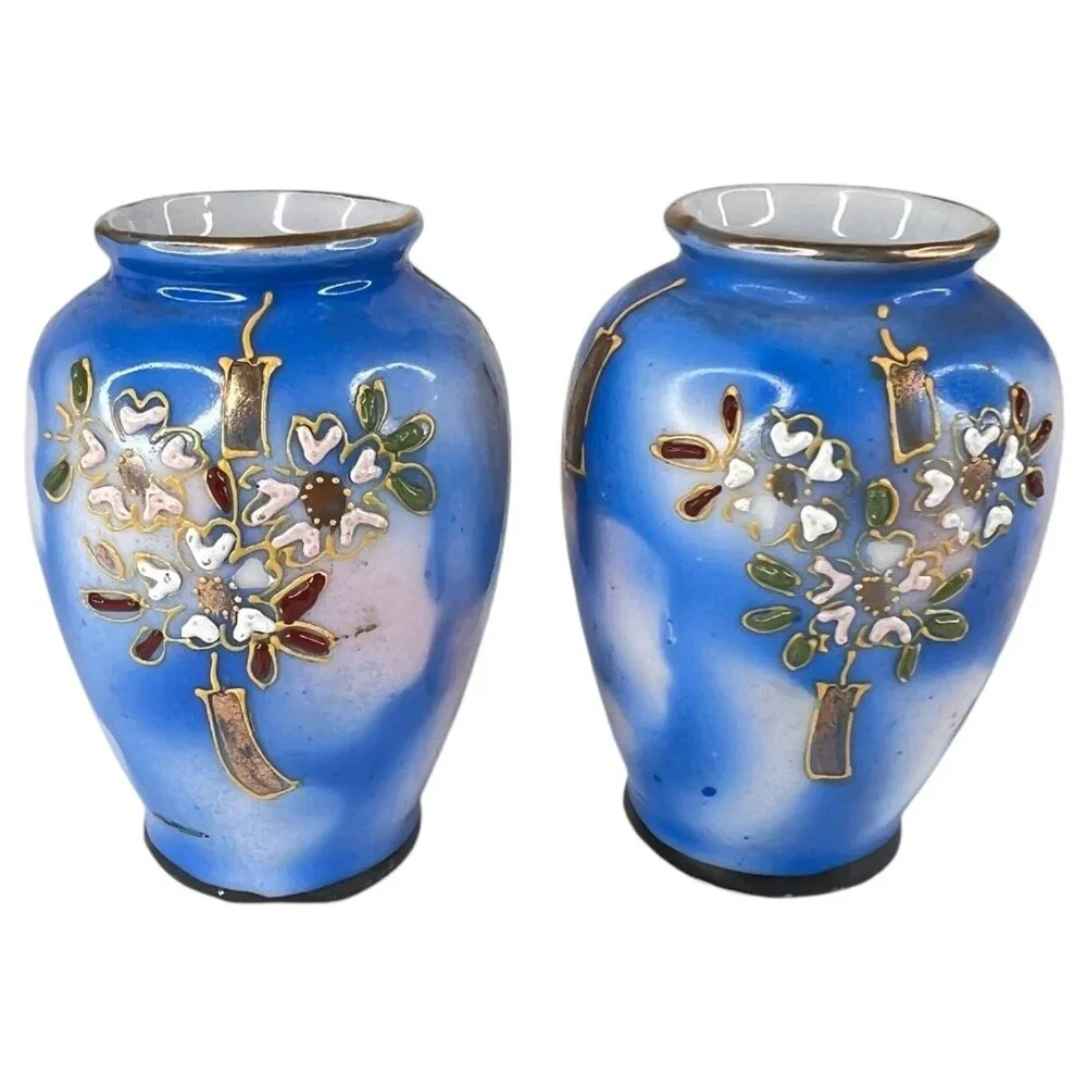 4 Blue Hand Paint Mini Vases Cherry Blossom Floral Design 2.5 IN Inch Made Japan